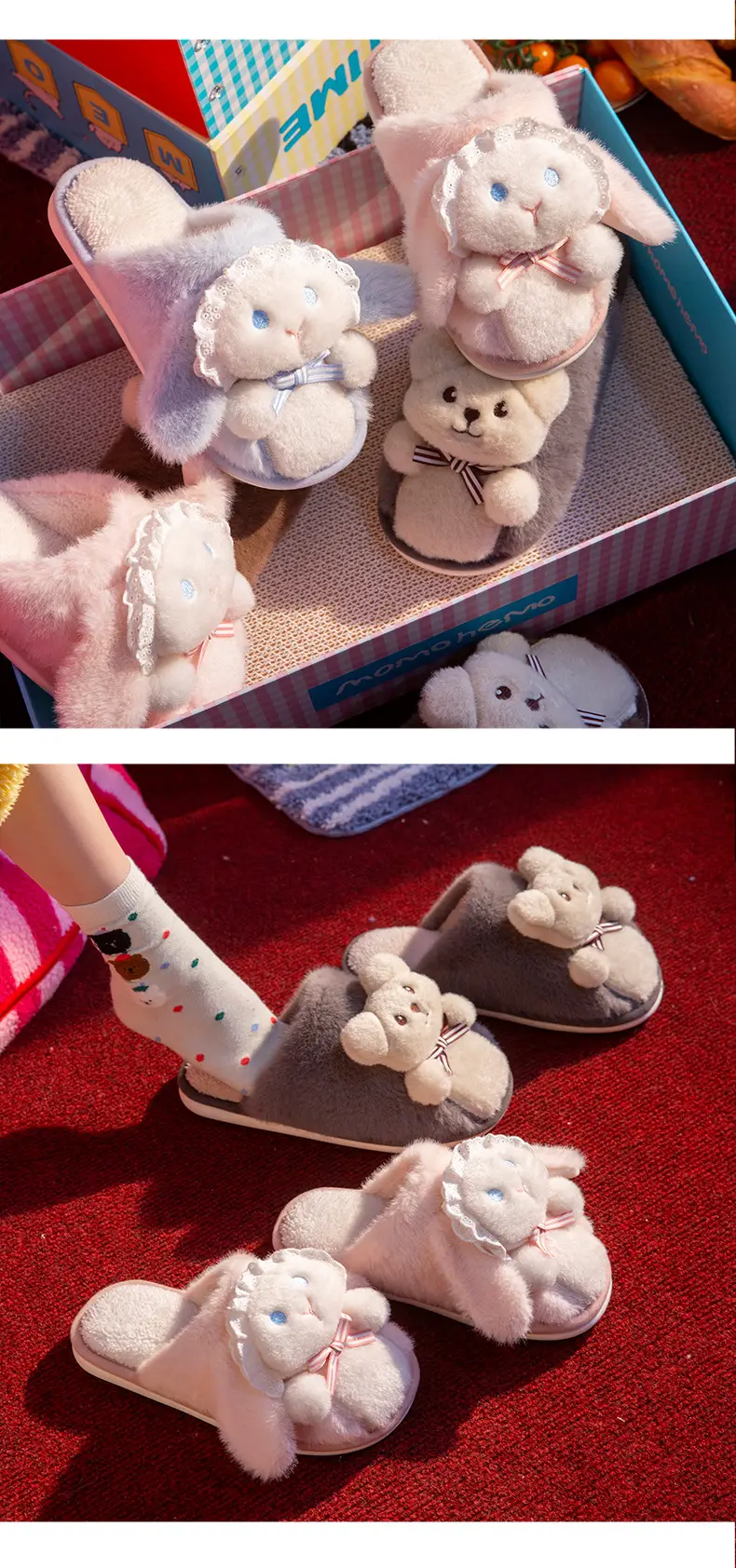 Lolita Girl Heart Cute Rabbit Bear Cotton Slippers Women's Winter Warm Non-Slip Soft Thick-Soled Indoor Plush Confinement Shoes — feature 5