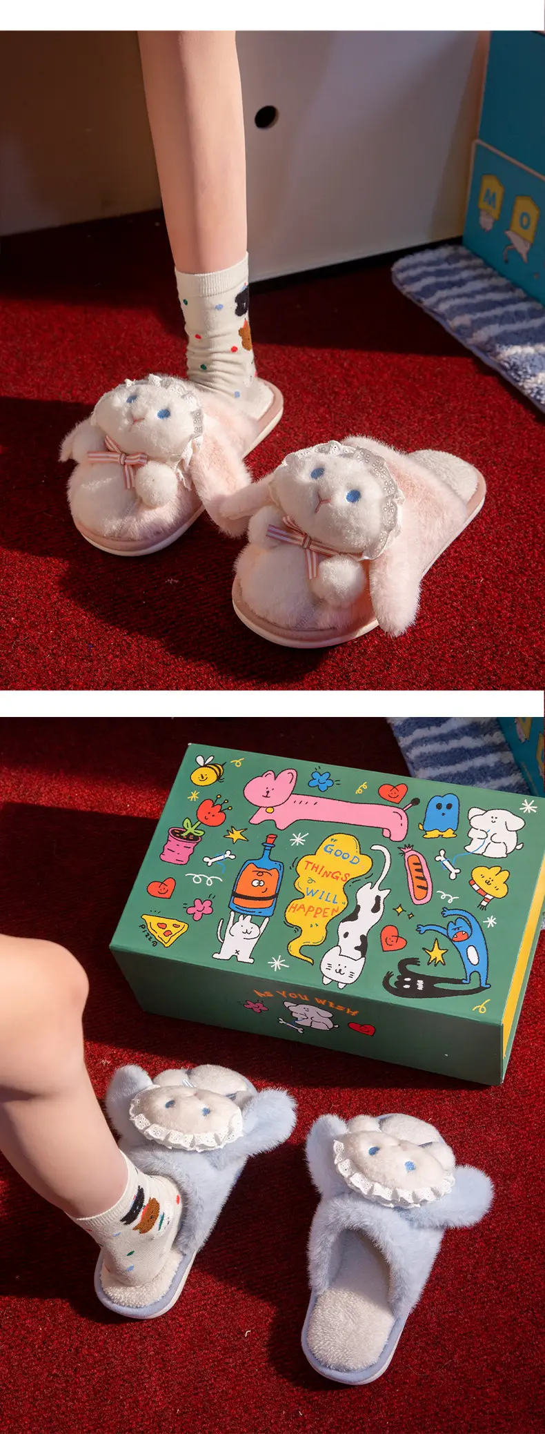 Lolita Girl Heart Cute Rabbit Bear Cotton Slippers Women's Winter Warm Non-Slip Soft Thick-Soled Indoor Plush Confinement Shoes — feature 7
