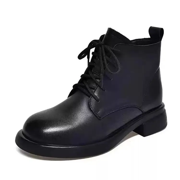 Women British Style Short Boots Round Toe Thick Heel Soft Leather - Image 7