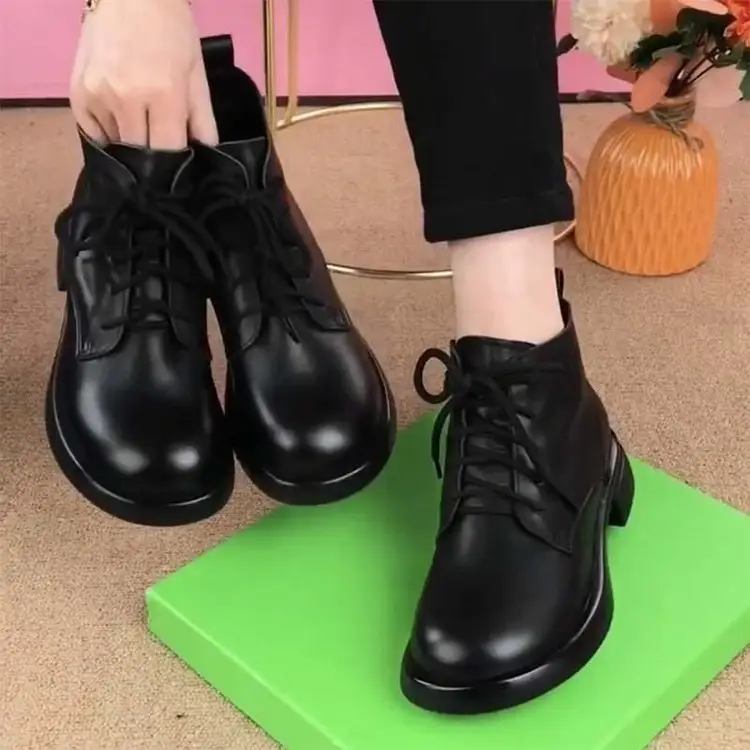 Women British Style Short Boots Round Toe Thick Heel Soft Leather — feature 1