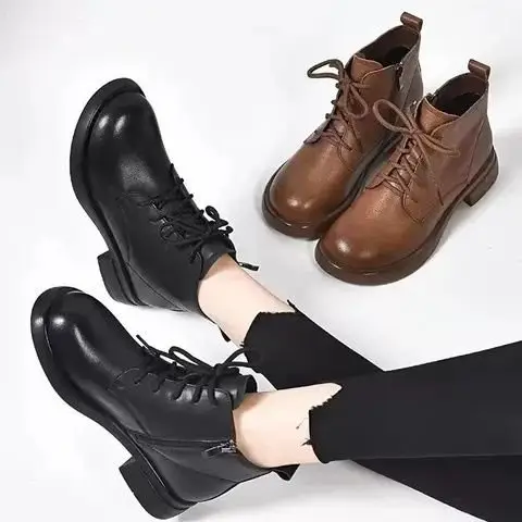 Women British Style Short Boots Round Toe Thick Heel Soft Leather — feature 10