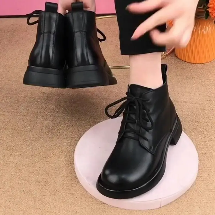Women British Style Short Boots Round Toe Thick Heel Soft Leather — feature 2