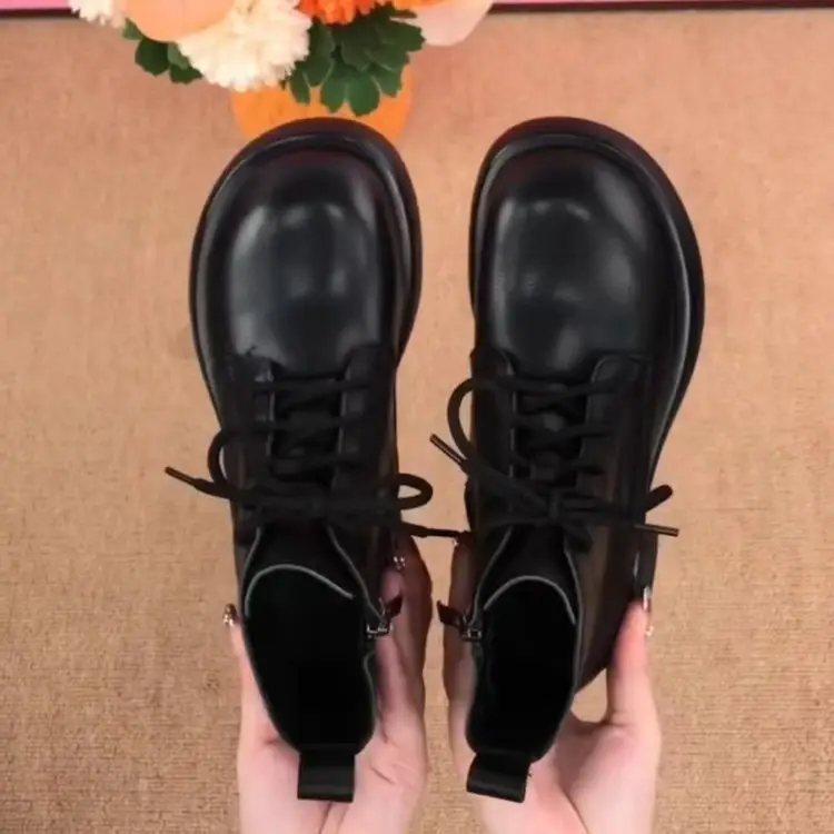 Women British Style Short Boots Round Toe Thick Heel Soft Leather — feature 6
