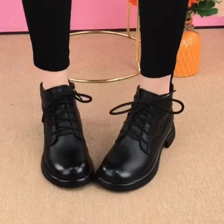Women British Style Short Boots Round Toe Thick Heel Soft Leather — feature 8