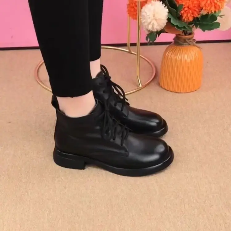 Women British Style Short Boots Round Toe Thick Heel Soft Leather — feature 9