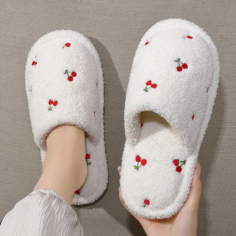 Home Cotton Slippers for Women in Winter Cute Embroidered Cherry Indoor Home Plush Warm Bedroom Ladies Furry Slippers - Image 5