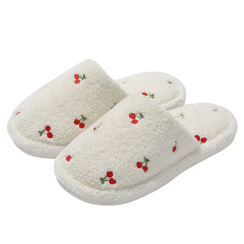 Home Cotton Slippers for Women in Winter Cute Embroidered Cherry Indoor Home Plush Warm Bedroom Ladies Furry Slippers - Image 9