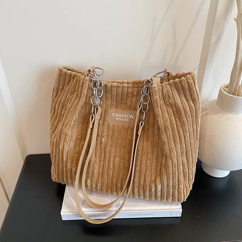 Women's Corduroy Chain Shoulder Bag Tan 2025 - Image 5