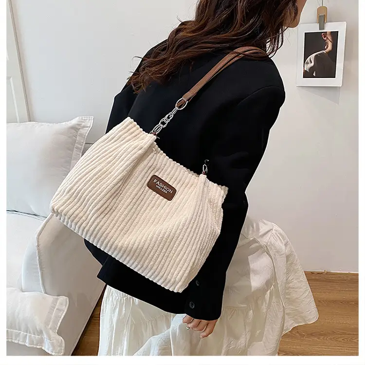Women's Corduroy Chain Shoulder Bag Tan 2025 — feature 14