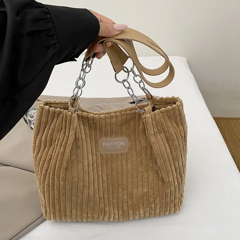Women's Corduroy Chain Shoulder Bag Tan 2025 - Image 3