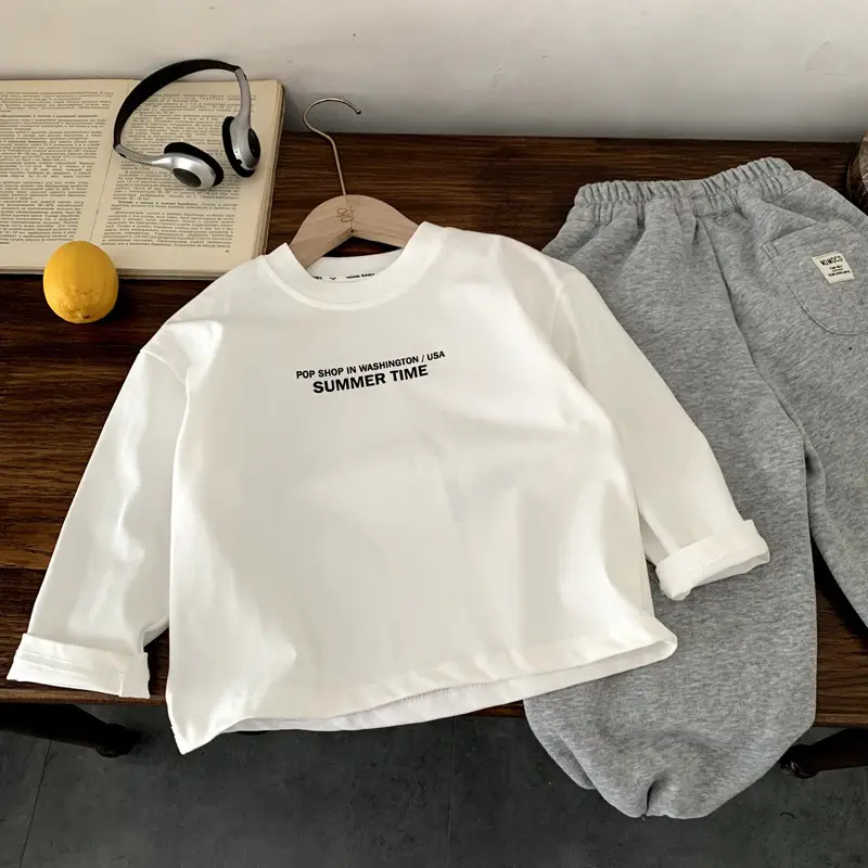 Children's White Long Sleeve T-Shirt & Grey Pants Set — feature 2