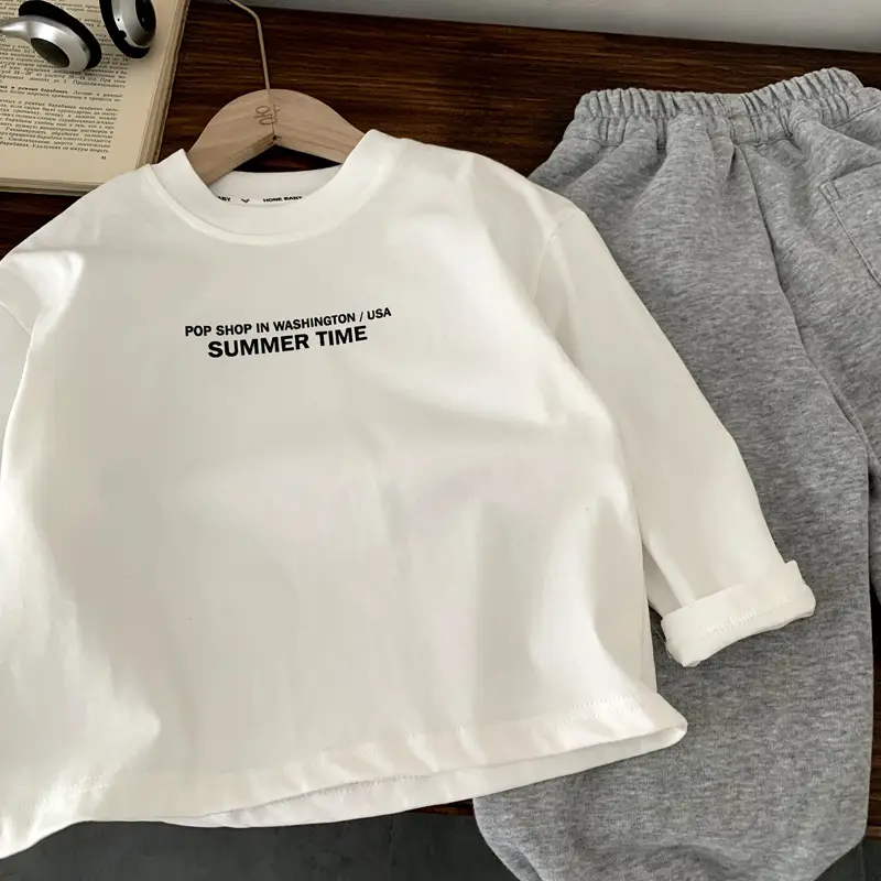 Children's White Long Sleeve T-Shirt & Grey Pants Set — feature 4