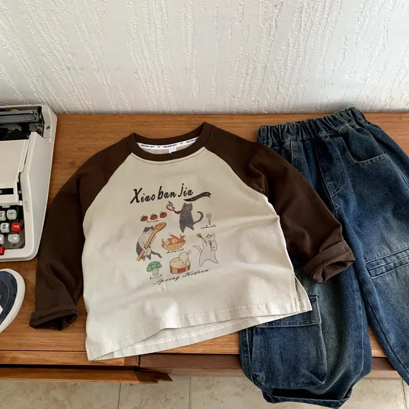 Kids Cotton Long Sleeve T-Shirt Brown White 2025 — feature 2