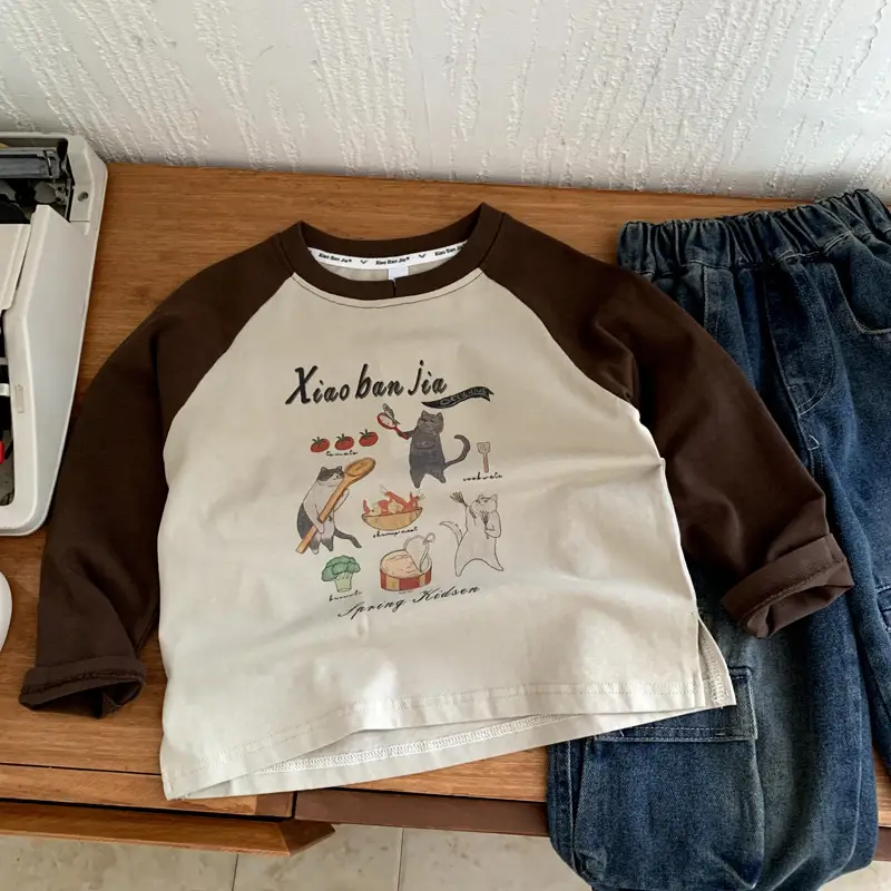 Kids Cotton Long Sleeve T-Shirt Brown White 2025 — feature 4