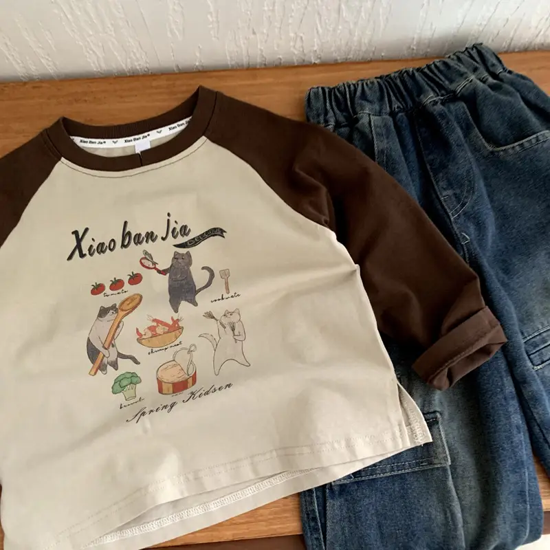 Kids Cotton Long Sleeve T-Shirt Brown White 2025 — feature 5