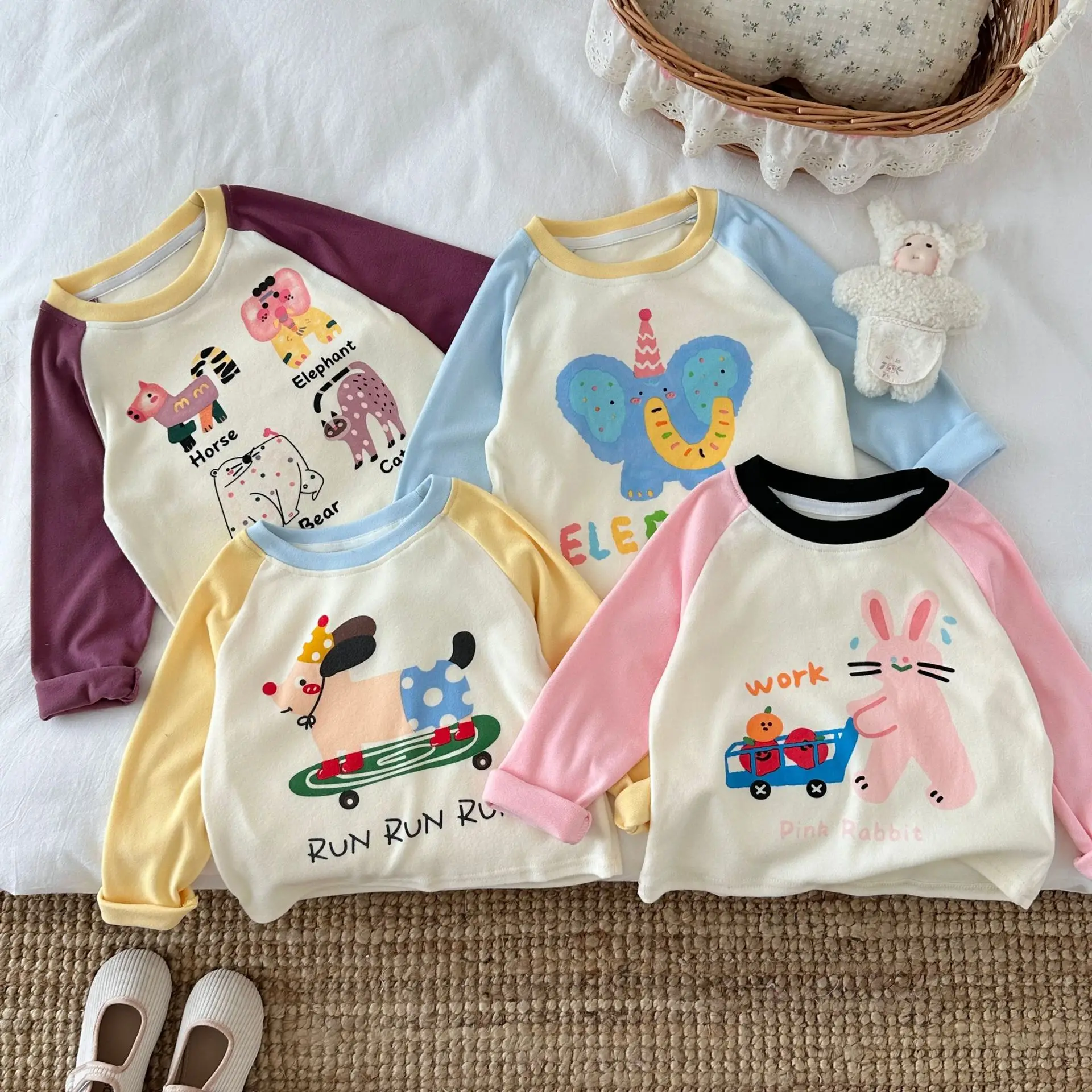 Girls' Elephant Long Sleeve T-Shirt Cream Blue - Image 6