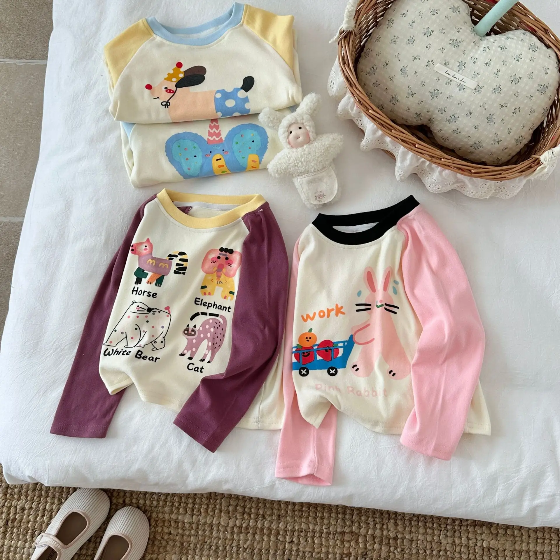Girls' Elephant Long Sleeve T-Shirt Cream Blue - Image 7