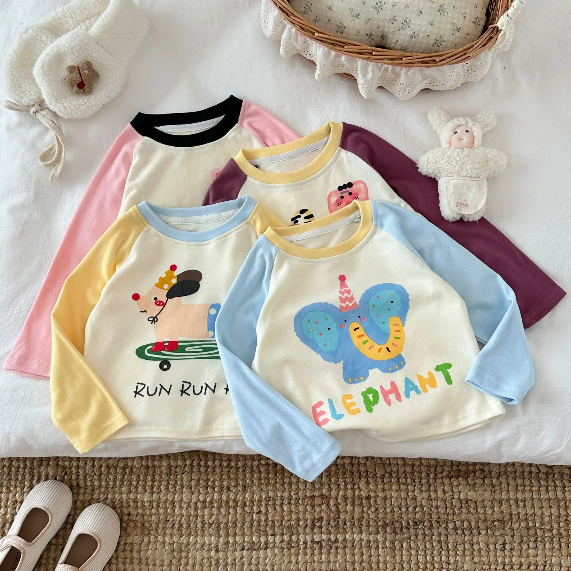 Girls' Elephant Long Sleeve T-Shirt Cream Blue - Image 9