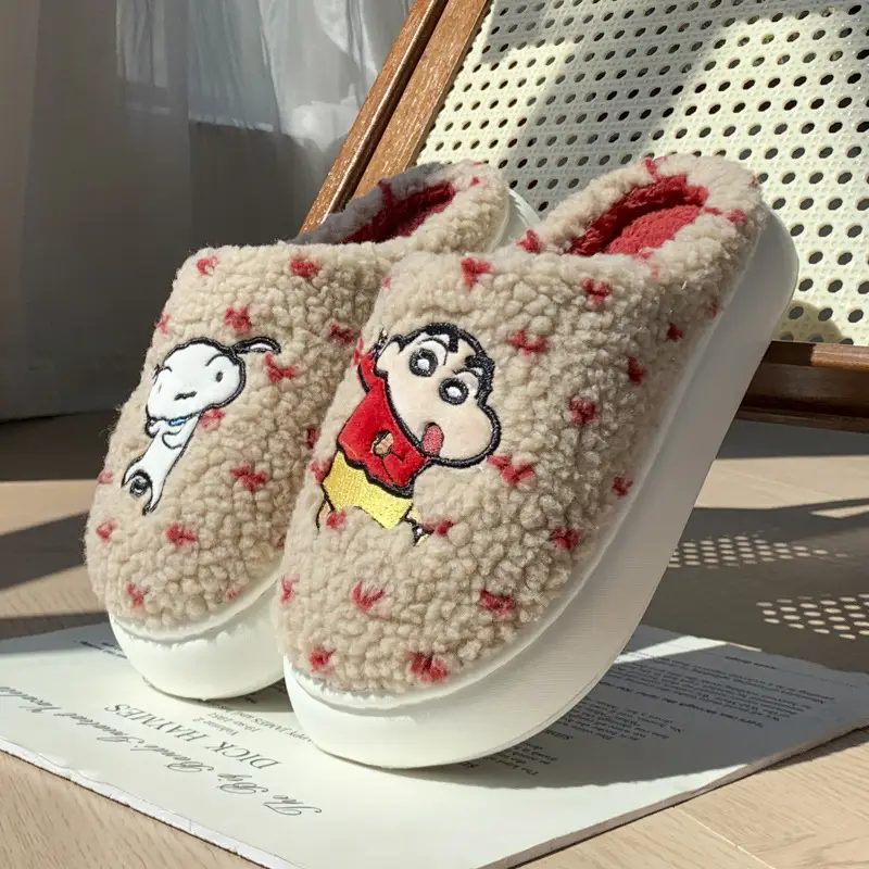 New Genuine Licensed Crayon Shin-Chan Slippers for Women, Winter Indoor Home Plush Warm Thick-Soled Couple Cotton Slippers