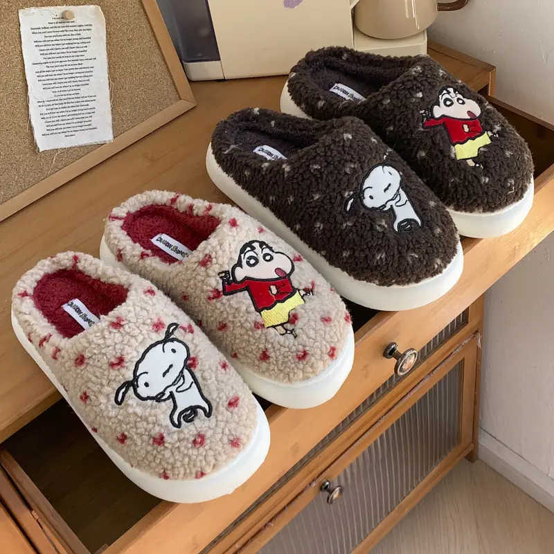 New Genuine Licensed Crayon Shin-Chan Slippers for Women, Winter Indoor Home Plush Warm Thick-Soled Couple Cotton Slippers