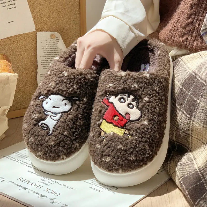 New Genuine Licensed Crayon Shin-Chan Slippers for Women, Winter Indoor Home Plush Warm Thick-Soled Couple Cotton Slippers