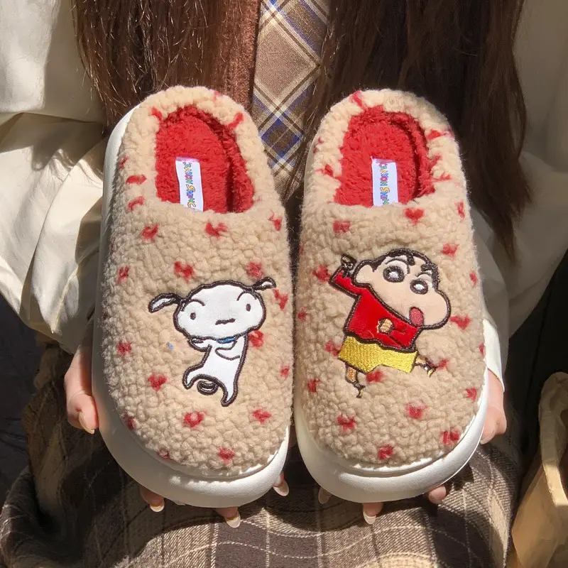New Genuine Licensed Crayon Shin-Chan Slippers for Women, Winter Indoor Home Plush Warm Thick-Soled Couple Cotton Slippers