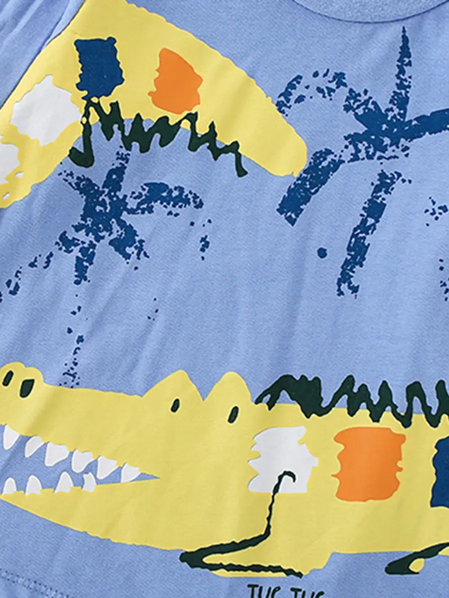 Dinosaur Print Boys T-Shirt Blue Cotton Round Neck Long Sleeve - Image 4