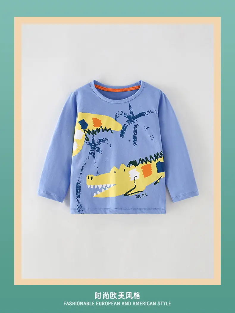 Dinosaur Print Boys T-Shirt Blue Cotton Round Neck Long Sleeve — feature 2