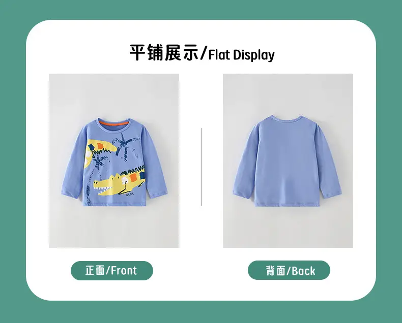 Dinosaur Print Boys T-Shirt Blue Cotton Round Neck Long Sleeve — feature 4