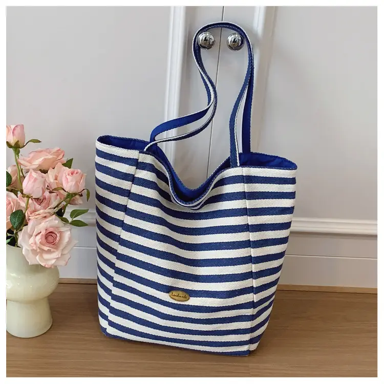Striped Swat Tote Bag Large Capacity Navy Blue
