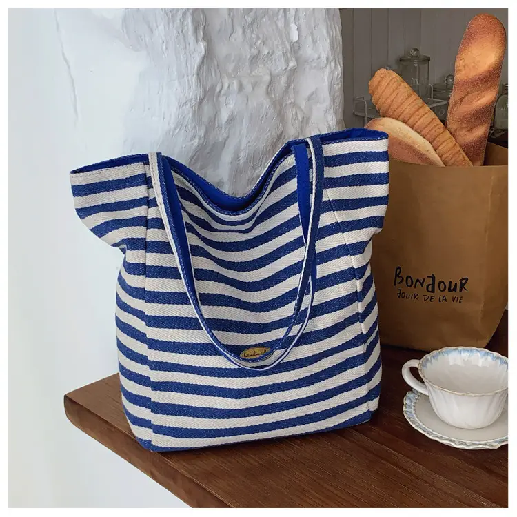 Striped Swat Tote Bag Large Capacity Navy Blue — feature 18