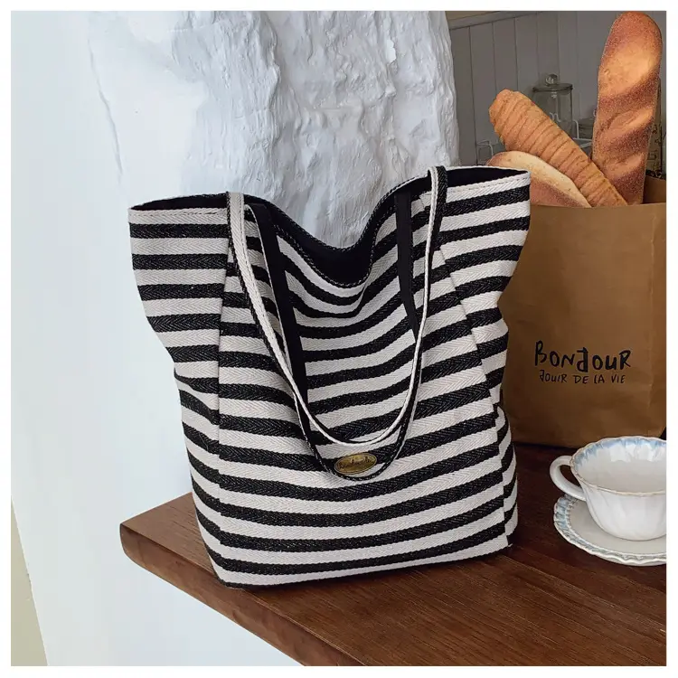 Striped Swat Tote Bag Large Capacity Navy Blue — feature 20
