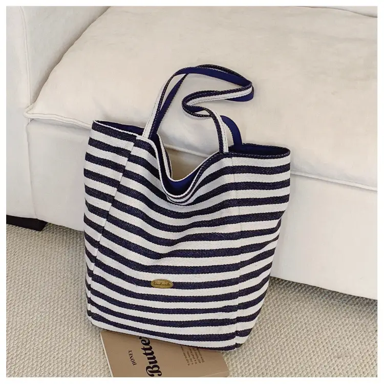 Striped Swat Tote Bag Large Capacity Navy Blue — feature 22
