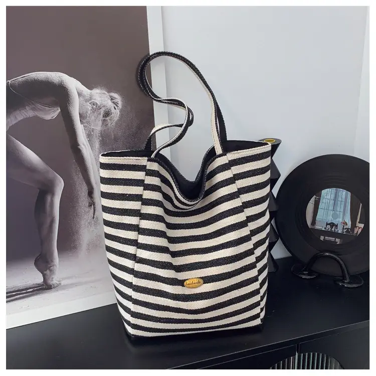 Striped Swat Tote Bag Large Capacity Navy Blue — feature 7