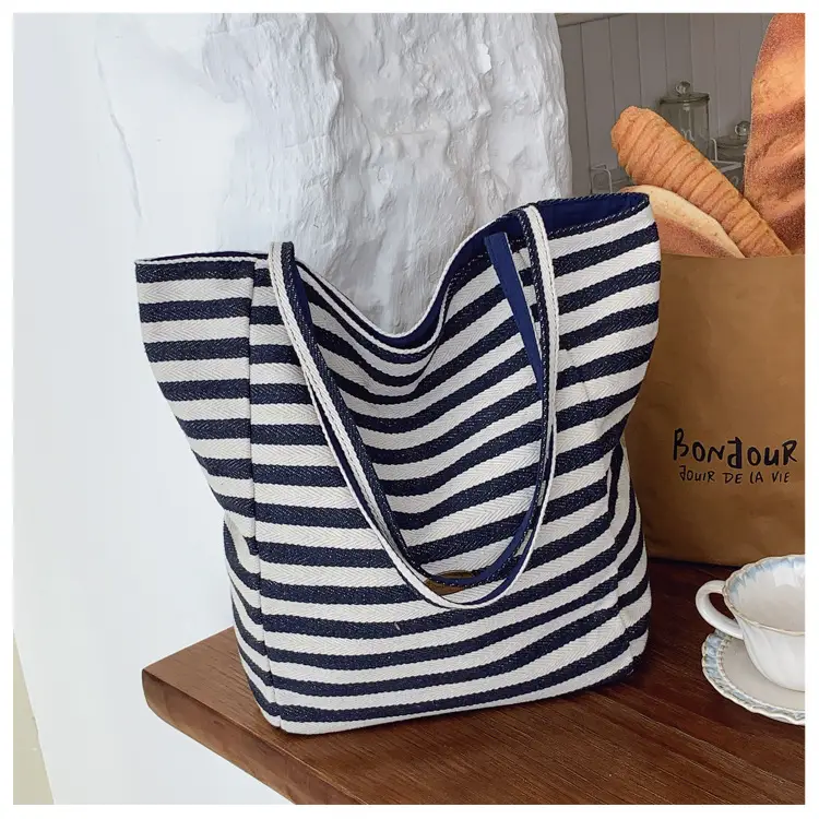 Striped Swat Tote Bag Large Capacity Navy Blue