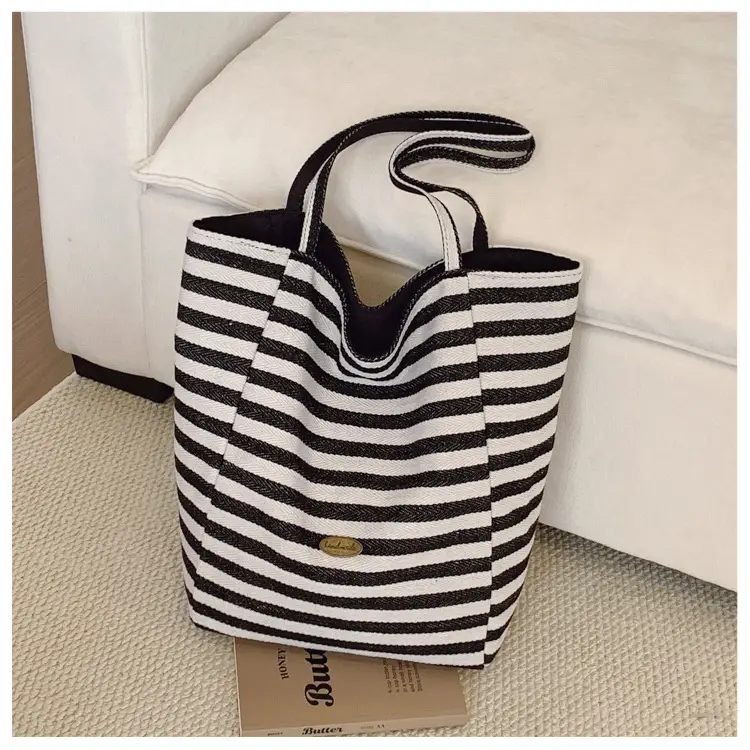 Striped Swat Tote Bag Large Capacity Navy Blue