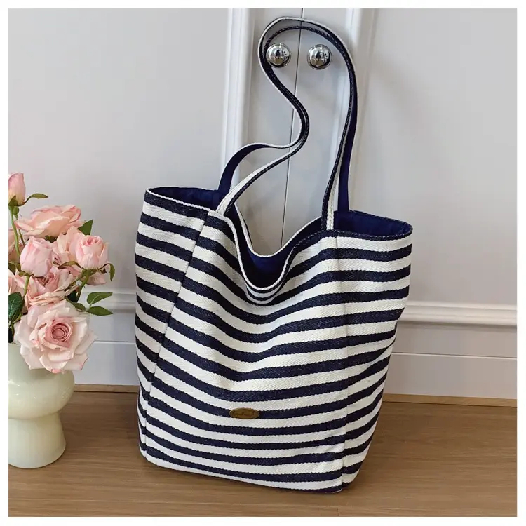 Striped Swat Tote Bag Large Capacity Navy Blue