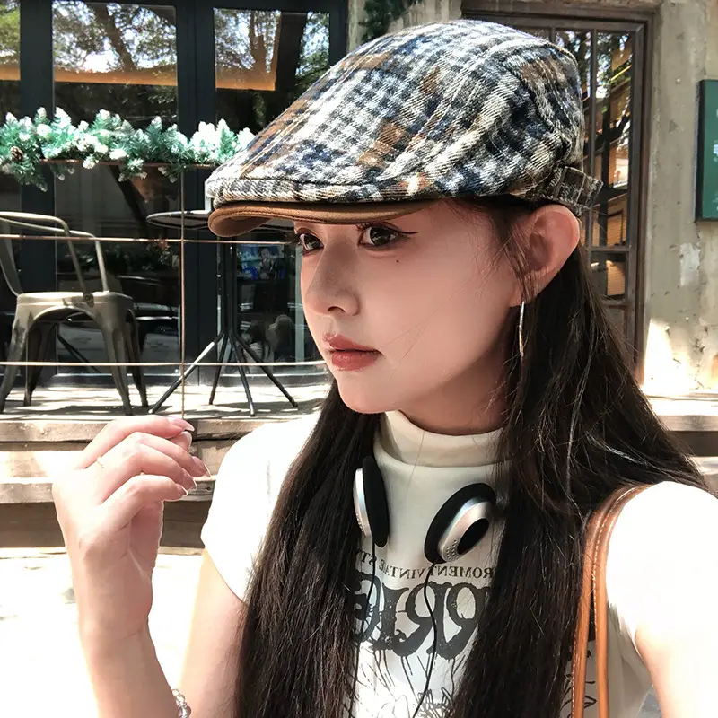 Japanese Retro Plaid Forward Cap for Women Summer 2025 Large Head Circumference Reverse-Wear Duckbill Hat Face-Slimming Beret - Image 5