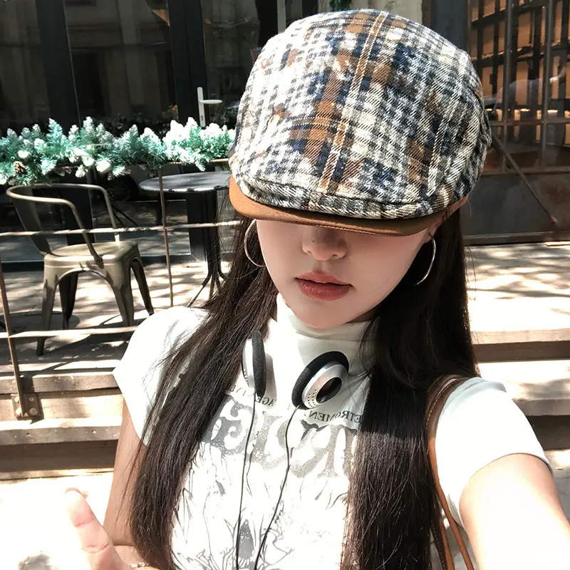 Japanese Retro Plaid Forward Cap for Women Summer 2025 Large Head Circumference Reverse-Wear Duckbill Hat Face-Slimming Beret - Image 6
