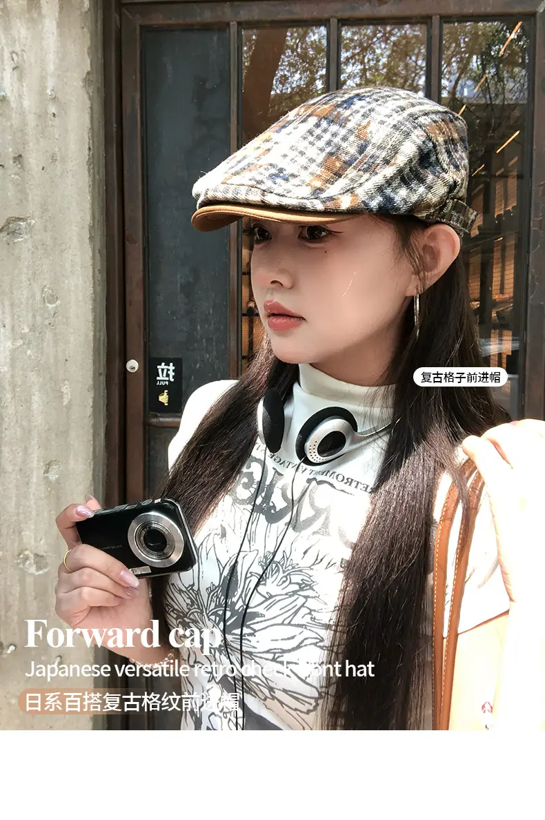 Japanese Retro Plaid Forward Cap for Women Summer 2025 Large Head Circumference Reverse-Wear Duckbill Hat Face-Slimming Beret — feature 1