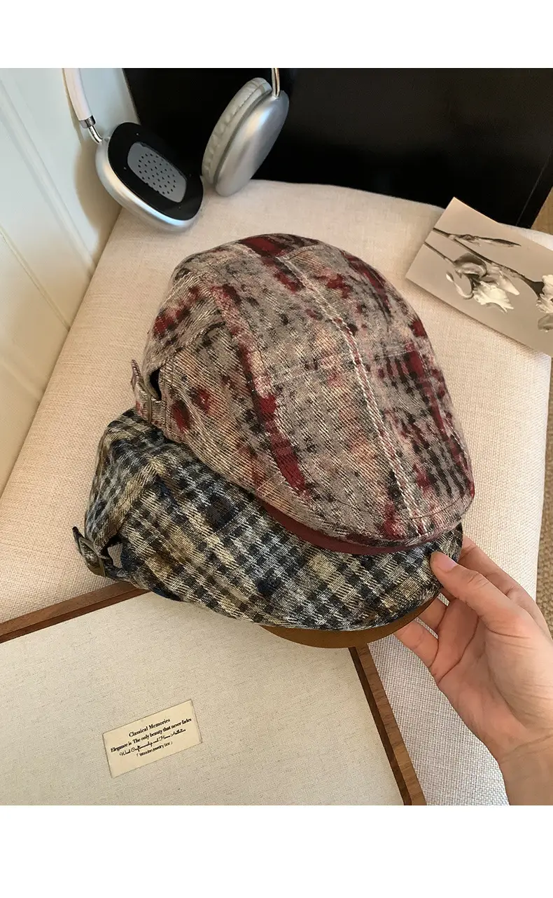 Japanese Retro Plaid Forward Cap for Women Summer 2025 Large Head Circumference Reverse-Wear Duckbill Hat Face-Slimming Beret — feature 10