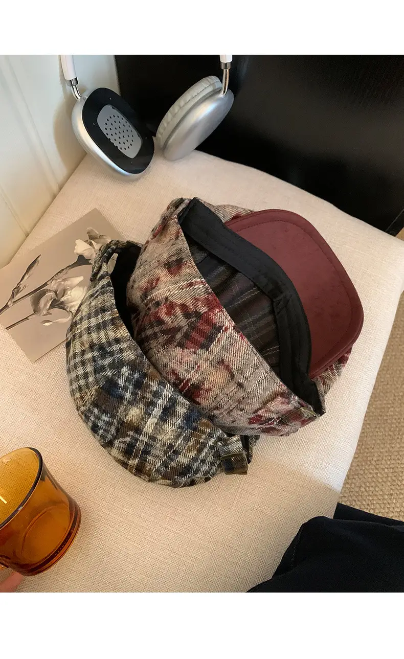 Japanese Retro Plaid Forward Cap for Women Summer 2025 Large Head Circumference Reverse-Wear Duckbill Hat Face-Slimming Beret — feature 11