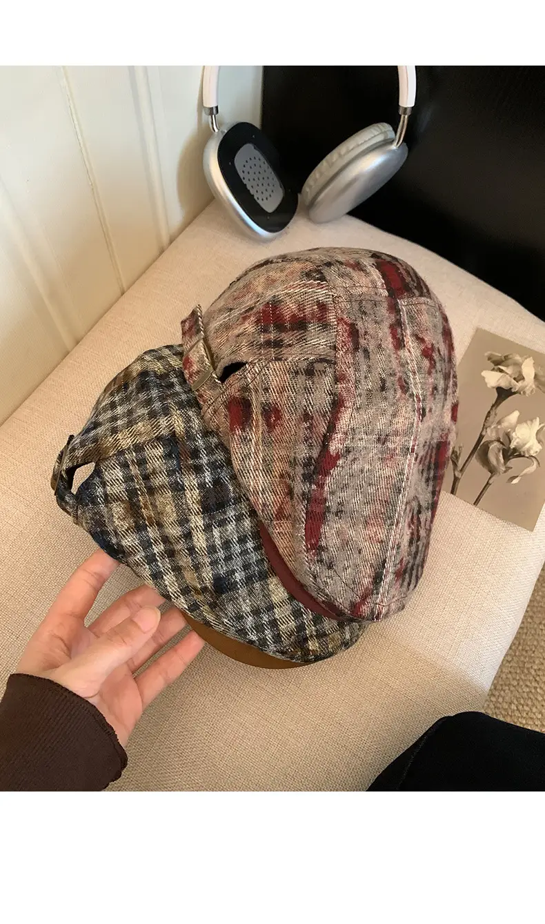 Japanese Retro Plaid Forward Cap for Women Summer 2025 Large Head Circumference Reverse-Wear Duckbill Hat Face-Slimming Beret — feature 12