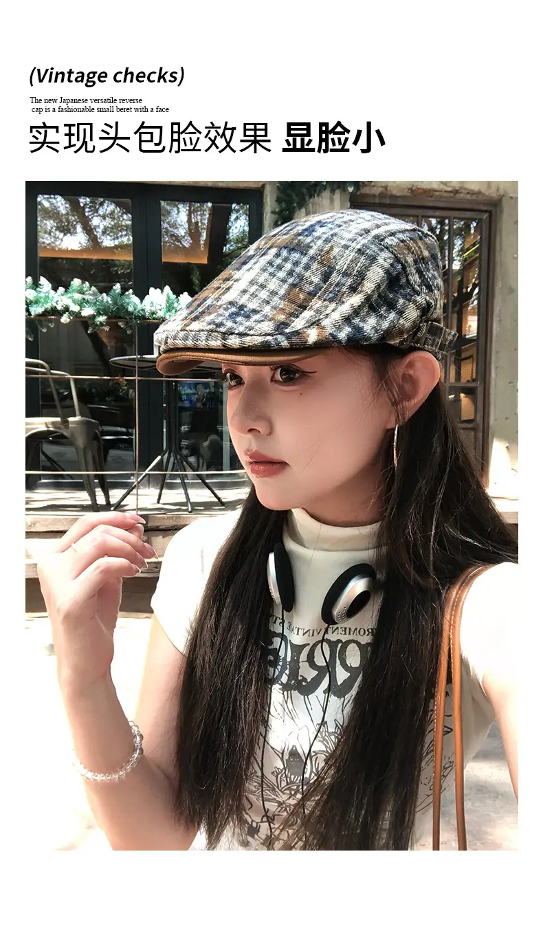 Japanese Retro Plaid Forward Cap for Women Summer 2025 Large Head Circumference Reverse-Wear Duckbill Hat Face-Slimming Beret — feature 3