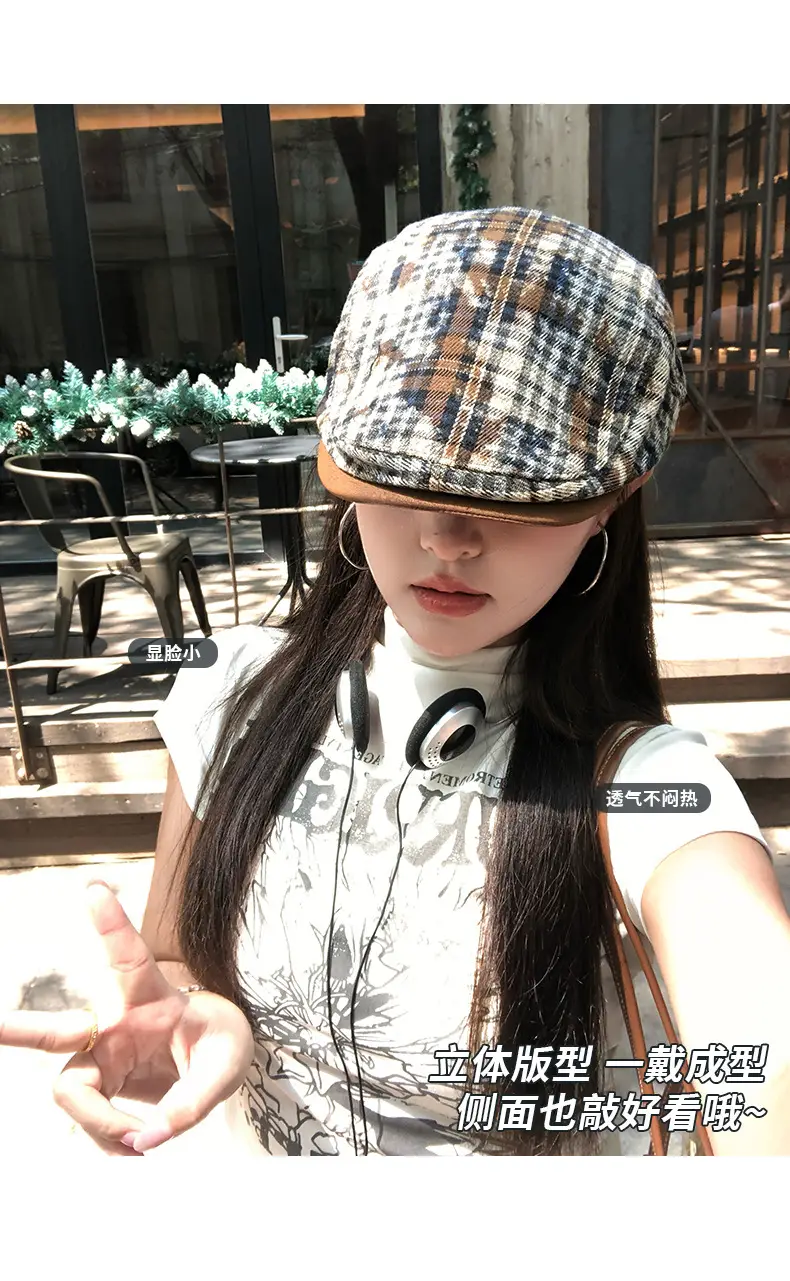 Japanese Retro Plaid Forward Cap for Women Summer 2025 Large Head Circumference Reverse-Wear Duckbill Hat Face-Slimming Beret — feature 5