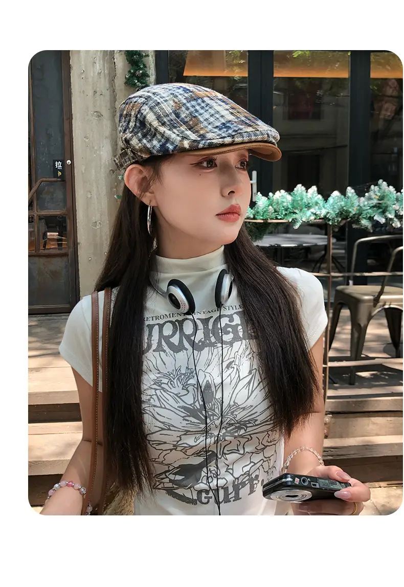 Japanese Retro Plaid Forward Cap for Women Summer 2025 Large Head Circumference Reverse-Wear Duckbill Hat Face-Slimming Beret — feature 7