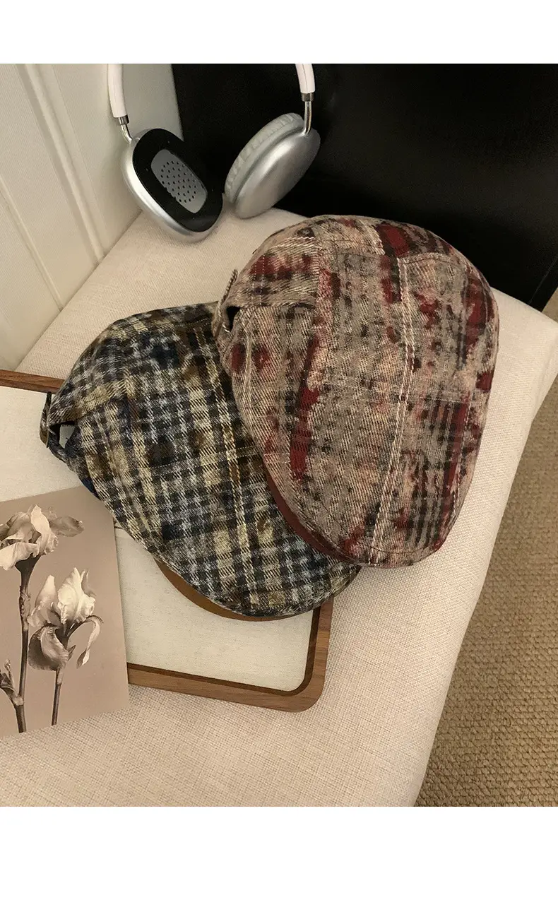 Japanese Retro Plaid Forward Cap for Women Summer 2025 Large Head Circumference Reverse-Wear Duckbill Hat Face-Slimming Beret — feature 8