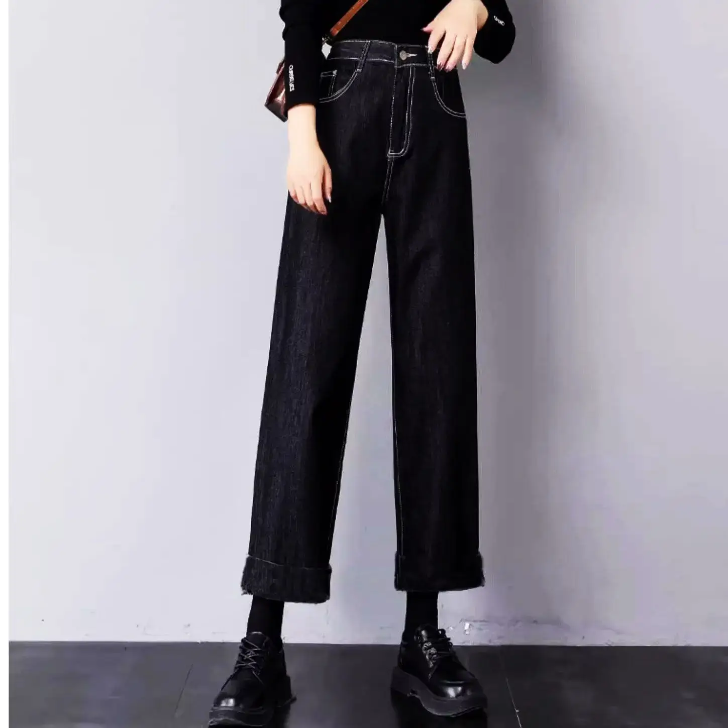 Dark Blue Wide Leg Jeans for Women Spring Autumn 2025