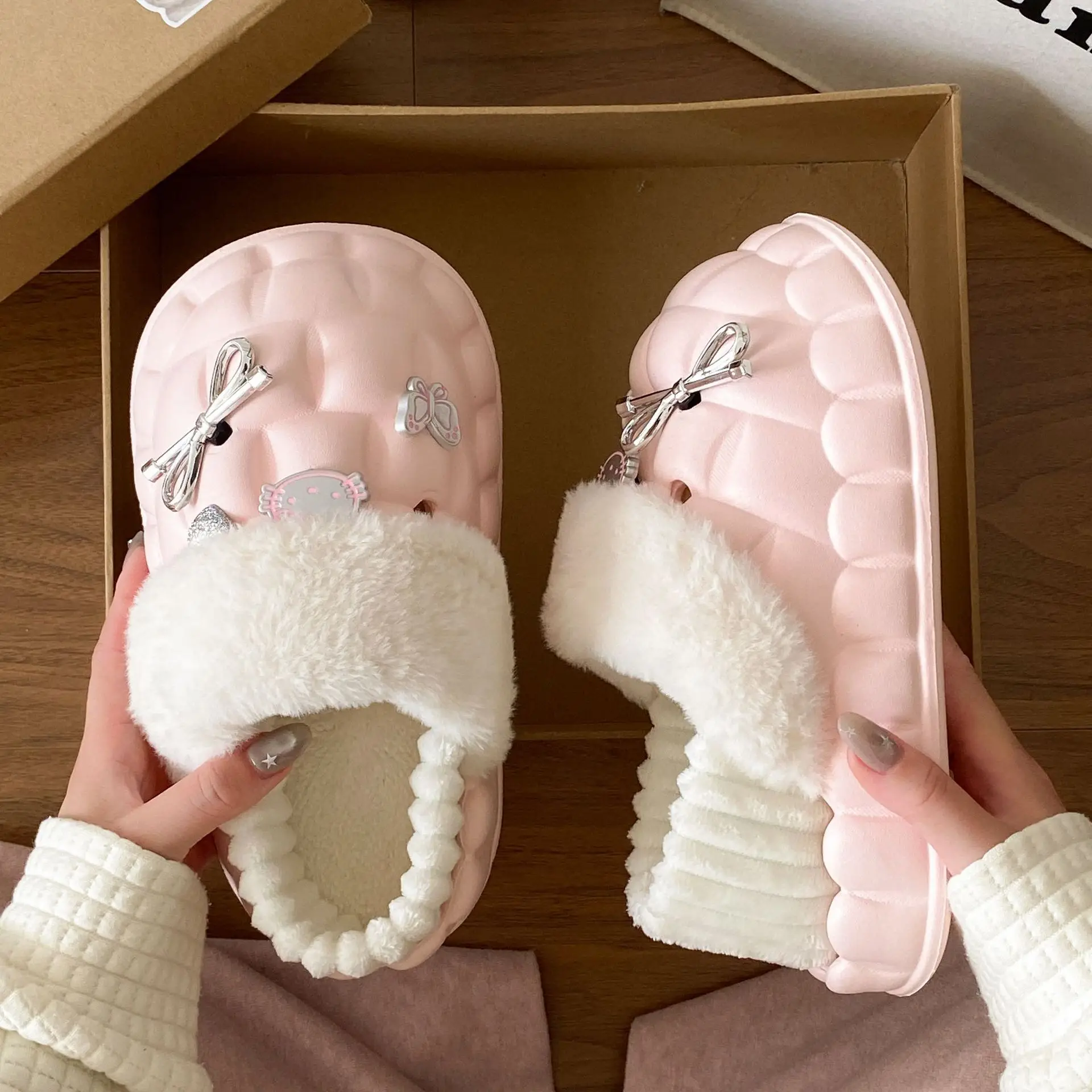 Pink Plush Cotton Winter Slippers for Women