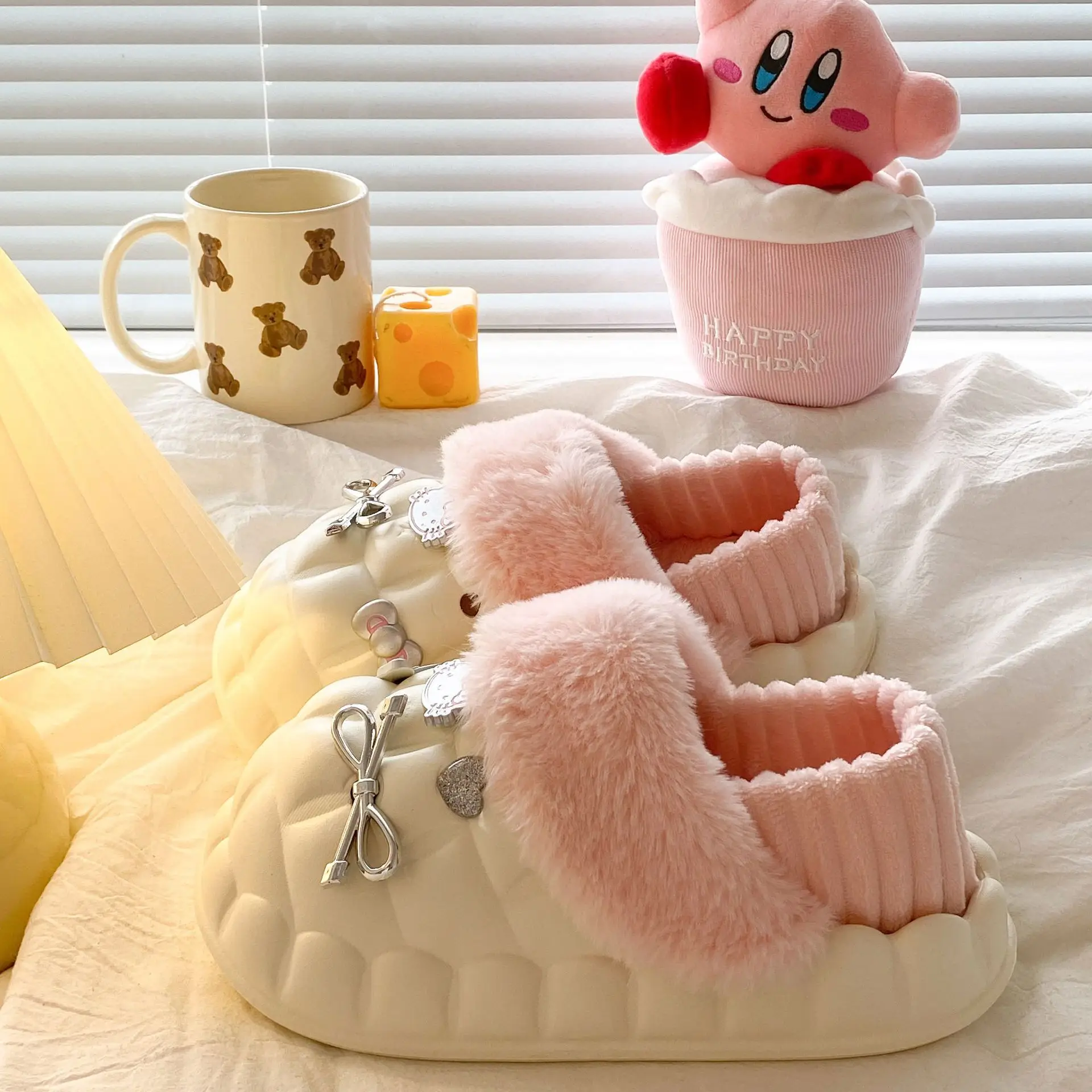 Pink Plush Cotton Winter Slippers for Women